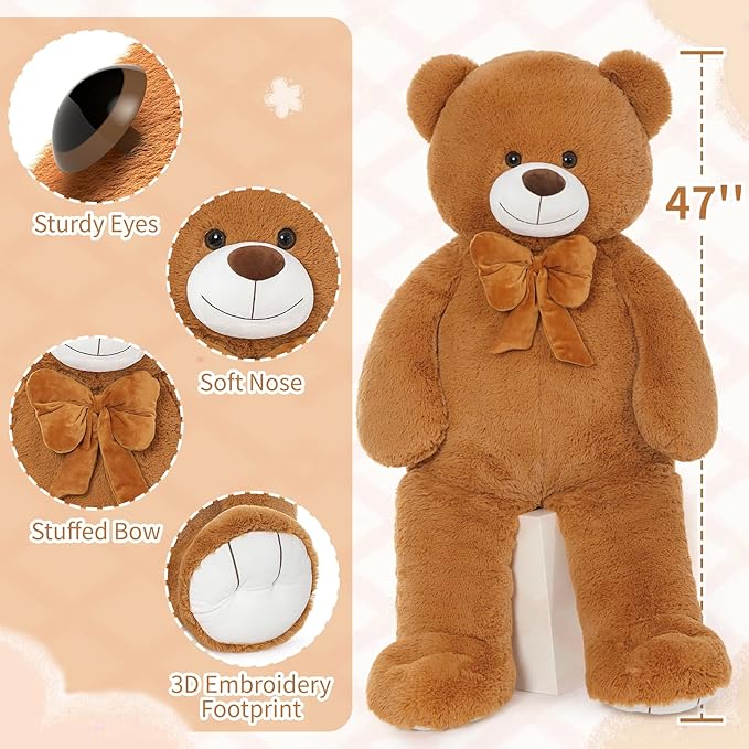 MorisMos Giant Teddy Bear 4 ft Stuffed Animal for Girlfriend,Cuddly Stuffed Big Bear Plush Toy for Valentines,47 inches Big Stuffed Animal Bear Christmas Baby Shower for Boyfriend,Wife,Children