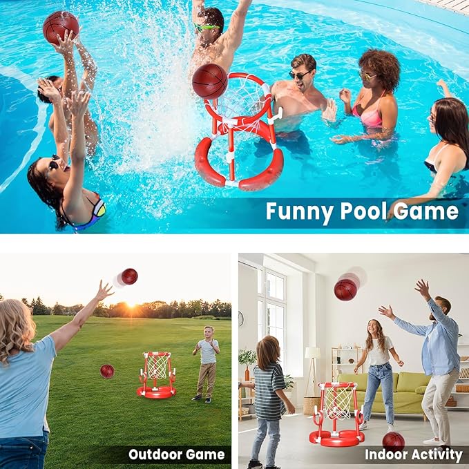 SpringFlower Pool Basketball Hoop,Floating Pool Toys Ring Game with Ring Toss, Balls and Pump, 2-in-1 Summer Outdoor Swimming Pool Basketball Games Play Toy Family Party for Kids Adults, Red
