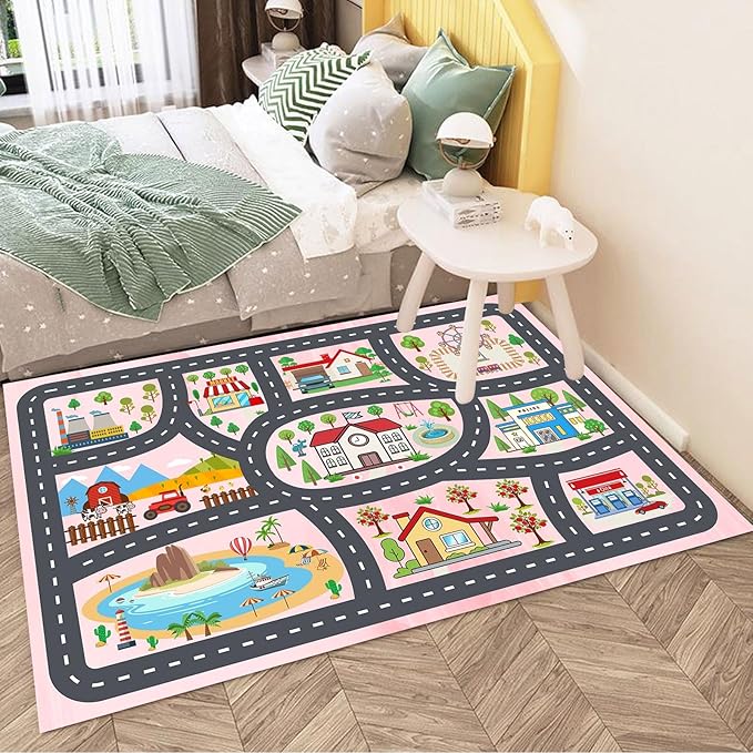 Kids Rug Car Rugs Playmat Carpet for Kids Toy Cars for Playroom Classroom Kids Room, Educational Area Rugs Road Traffic Floor Rug Play Mats, Ideal Gift for Nursery Children Boy Girl 4'x6'