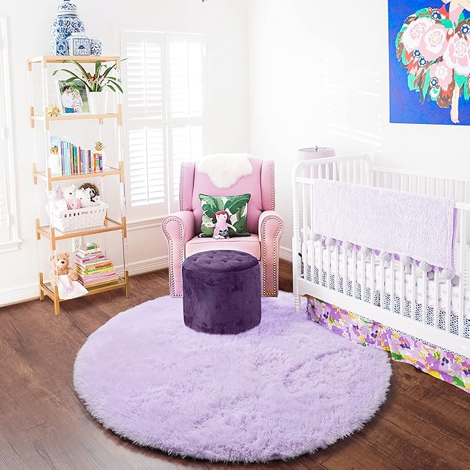 ONASAR Light Purple Round Area Rug 4ft, Soft Bedroom Circle Rugs Floor Mats for Kids Girls Teen Room, Cute Fluffy Plush Shaggy Carpet for Baby Nursery Living Room Playroom Dorm Home Decor
