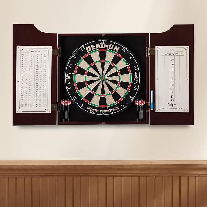 Viper Hudson All-in-One Dart Center: Classic Solid Wood Cabinet & Official Sisal/Bristle Dartboard Bundle with Steel-Tip Dart Set, Dry Erase Scoreboard & Out-Chart, Mahogany Finish