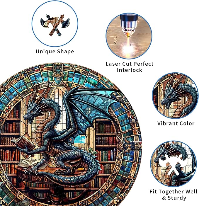 KAAYEE Wooden Puzzles for Adults-Dragon Library Wooden Jigsaw Puzzle Unique Shape Wooden Puzzle Wood Puzzle for Adults,Family Puzzles for Adults (S-8.5 * 8.5in-100pcs)