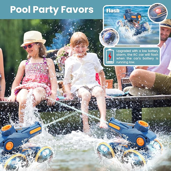 Amphibious Remote Control Car - Stunt Toy for Kids Ages 6-8-12, Water & Land 4WD with Gesture Sensing, Lights, Waterproof, Rotation, Beach & Pool Fun, Idea for Boys