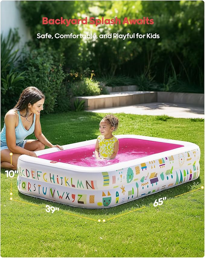 QPAU Kiddie Pool – 65" x 39" Inflatable Pool for Kids & Toddlers, Ball Pit & Baby Pool with Soft Floor, Educational Alphabet & Number, Durable Outdoor Play Toys for Backyard & Indoor Fun (Pink)