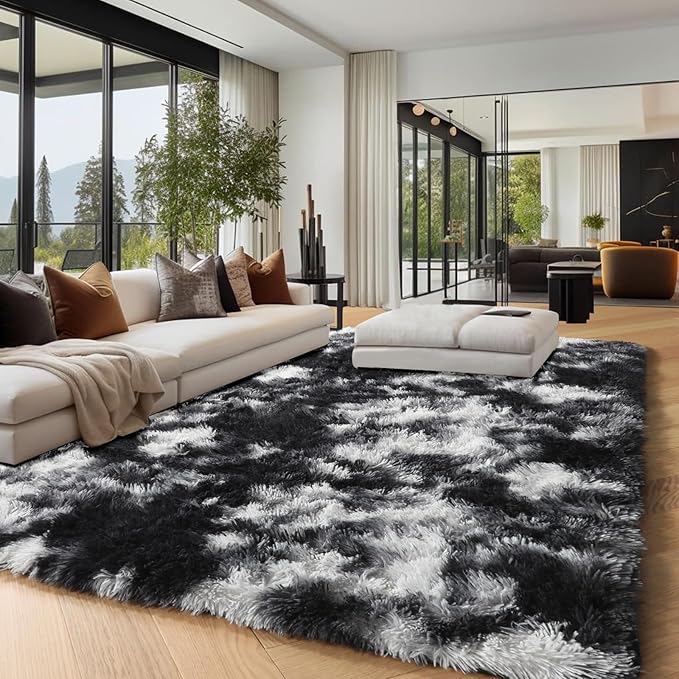 PAGISOFE Black White Grey Bedroom Rugs 4x6 Ft, Soft Fluffy Fuzzy Plush Indoor Floor Area Rug for Living Room Kids Room Playroom Dorm Home Office Nursery Men Boys Rooms Decor Carpet Aesthetic