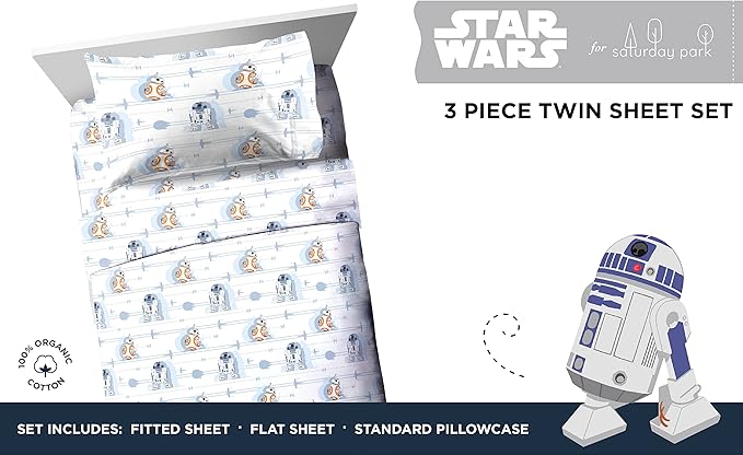 Saturday Park Star Wars Droids Twin Sheet Set - 3 Piece 100% Organic Cotton Sheets Features R2-D2 & BB-8 - GOTS & Oeko-TEX Certified (Star Wars Official)