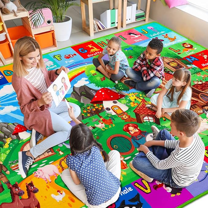 ABC Kids Rug for Playroom 110" ×78.7" Hobbit House Educational Kids Playmat Alphabet Animal & Shape Learning, Premium Non-Slip Playmat for Toddlers Letters Farm Animals Color Foam Classroom Carpet