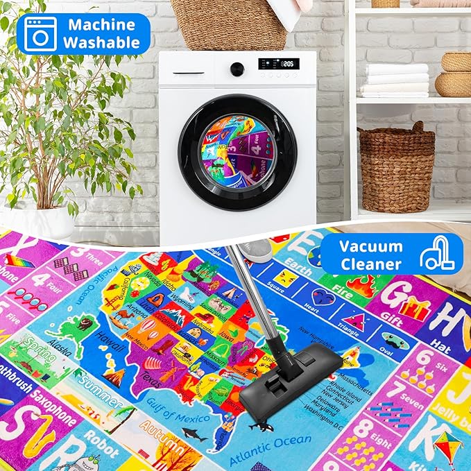 USA Map ABC Kid Rug for Playroom 78.7"×59" Classroom Play Rug Educational Baby Playmat Alphabet Rug State Symbols, ABC Letters, Numbers, Seasons&Shapes Fluffy Ployester Non-Slip Preschool Nursery Rug
