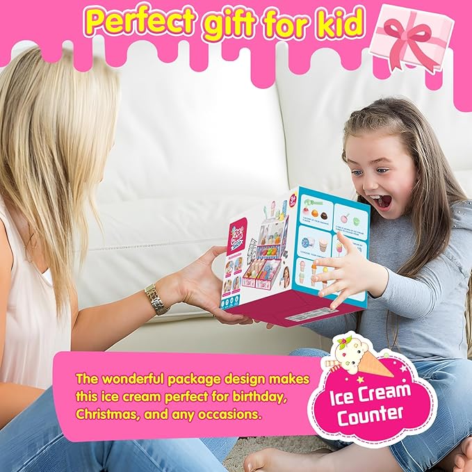 Ice Cream Toys, Wooden Ice Cream Play Set, Pretend Play Toys, 46 Pcs Wooden Play Kitchen Accessories with Menu & Scoop & Menu & Fake Money, Ice Cream Toys for Toddlers 3 4 5 6 Girls Boys Birthday