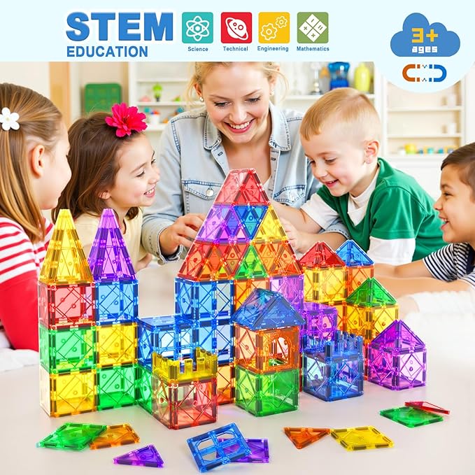 102PCS Magnetic Tiles Building Blocks Stem Toys for 3+ Year Old Boys and Girls Montessori Toys Toddler Kids Gifts Parents Approved Sensory Toys