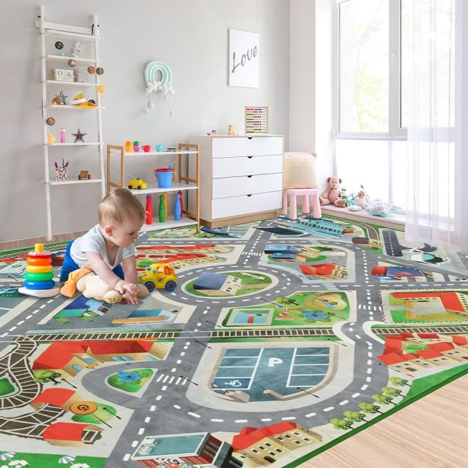 Large Kids Carpet Play Mat Rug for Playroom, 60'' x 84'’ Car Rugs Mat for Kids Toy Cars, City Life with Road Traffic Playmat Rugs Great for Kids Bedroom Play Room Boy Room Decor, Grey