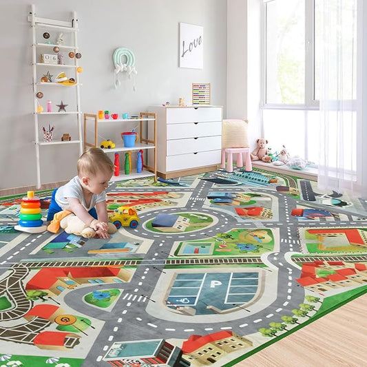 Large Kids Carpet Play Mat Rug for Playroom, 60'' x 84'’ Car Rugs Mat for Kids Toy Cars, City Life with Road Traffic Playmat Rugs Great for Kids Bedroom Play Room Boy Room Decor, Grey