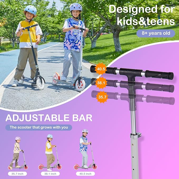 Kick Scooter for Ages 8-12,Kid, Teens. Max Load 165 LBS. Foldable, Lightweight, with Light Wheels, Teen and Adults, 3 Adjustable Levels.