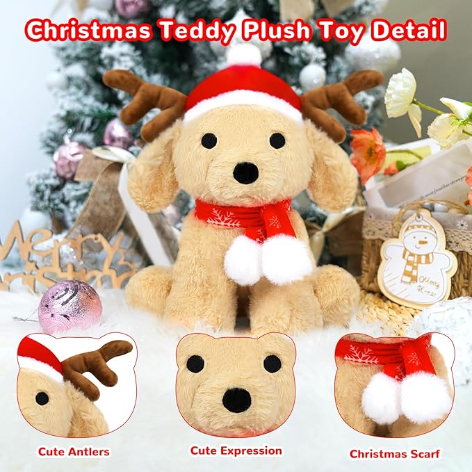 Dog Plush Elk Stuffed Animal Toy, Soft Christmas Plushie Pillow, Cute Puppy Plush Doll Toy for Kids Boys Girls Kawaii Christmas Decor (Elk-Teddy)