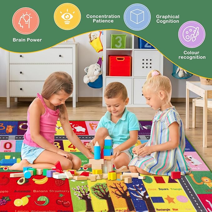 ABC Alphabet, Numbers, Shapes, Fruits, Seasons Educational Area Rugs Kids Rug for playroom Circle time Rugs for Preschool Classroom Alphabet Rugs for Kids playroom, 4' 11" x 6' 7"
