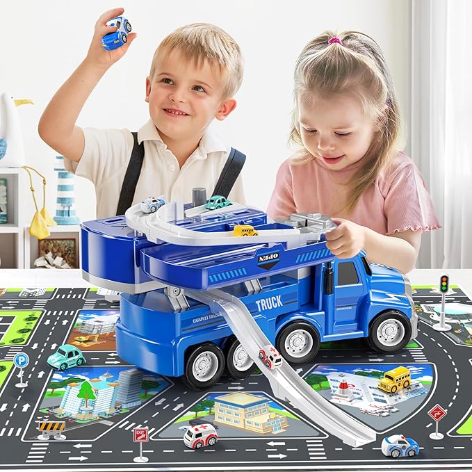 2 in1 Carrier Toy Trucks for Kids 3 4 5 6 Years Old - Vehicle Toys with 8 City Cars, Transport Race Tracks with Light and Music, Educational Car Games Gift for Toddler Ages 2-4 3-5 4-6 (Blue)