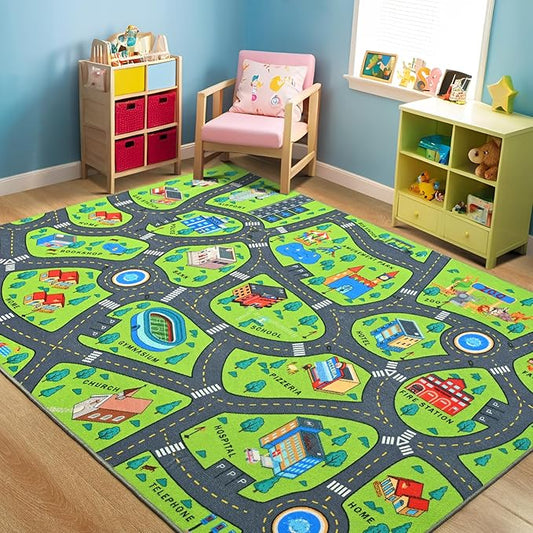 Merelax 4x6 Kids Car Rug Green Grey Area Rugs for Living Room Playroom Classroom Bedroom, Non Slip Kids Play mat Washable Rug, Educational City Traffic Road Map Fun Car Carpet for Ages 3-12