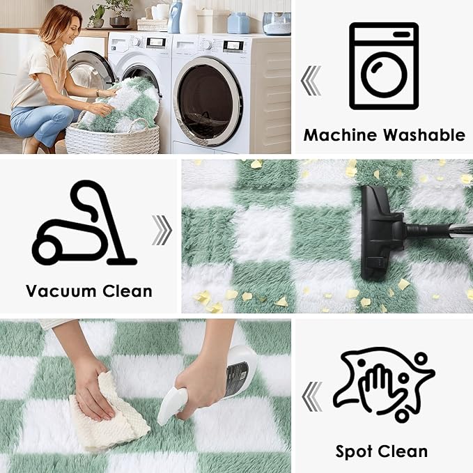 KICMOR Rugs for Bedroom Living Room, 3x5 Fluffy Soft Checkered Shag Area Rug Fuzzy Shaggy Plush Bedside Small Carpet, Sage Green and White Rug for Kids Boys Girls Dorm Nursery Home Decor Aesthetic