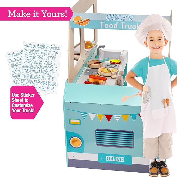 Food Truck Wooden Playset- 20 Fun Toy Pieces Including Cook Top, Steering Wheel, Sticker Sheet for Kids Name - Includes Food Tray, Pizza Slices & More, Dual Sided Play Stand for Indoor Fun Activity