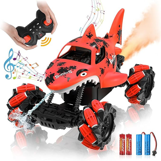 Eulogia Shark Remote Control Car, RC Stunt Car Toy with Water Shooting Spray, Music, 360-degree Rotations Drifting, One-Key Demo Programming Fun Truck Gift for Boys Grils (Red)