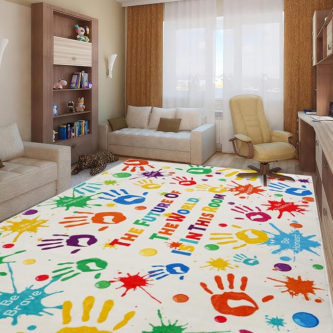Colorful Kids Rug, Washable Rug for Kids, Handprints Area Rugs for Kids Bedroom, Non-Slip Play Mat Ultra Soft Thick Indoor Plush Rugs for Playroom Classroom Nursery Decor (9'2" X 6'7")