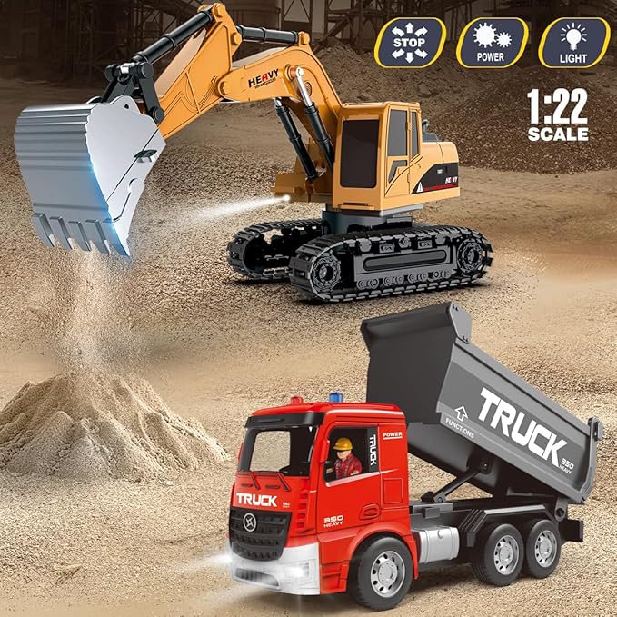 Remote Control Excavator and Dump Truck Toy Set - RC Excavator and Dump Truck with Lights and Sounds - Rechargable Digger Car, Construction Vehicles Toy Set Gifts for Boys Kids