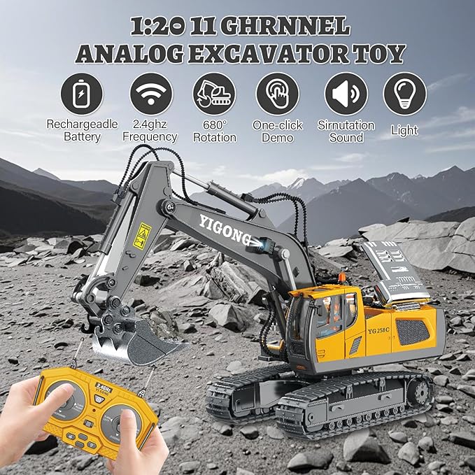 Remote Control Excavator Toy for Boys Ages 6+,11-Channel RC Excavator Toy,with Metal Shovel,2.4Ghz RC Construction Vehicle,Ideal Gifts for Kids on Birthday,Christmas