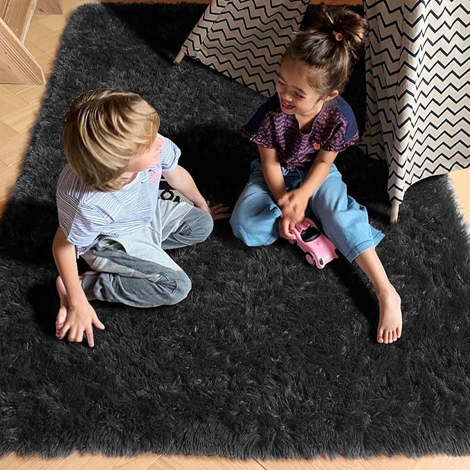 PAGISOFE Black Machine Washable Area Rugs for Bedroom,2x3 Small Fluffy Boys Rug, Soft Thick Rugs for Kids Room,Plush Shag Carpet,Accent Throw Rugs, Home Decor Aesthetic Indoor Bedside Rug Nursery