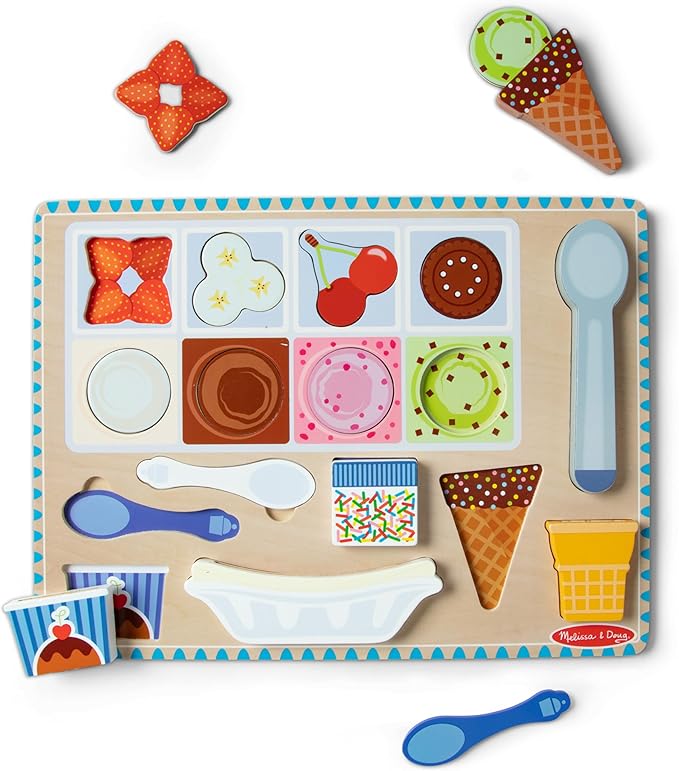 Melissa & Doug Ice Cream Wooden Magnetic Puzzle Play Set, 16 Magnet Pieces with Scooper, Wooden Play Food Toy for Boys and for Girls Ages 2+