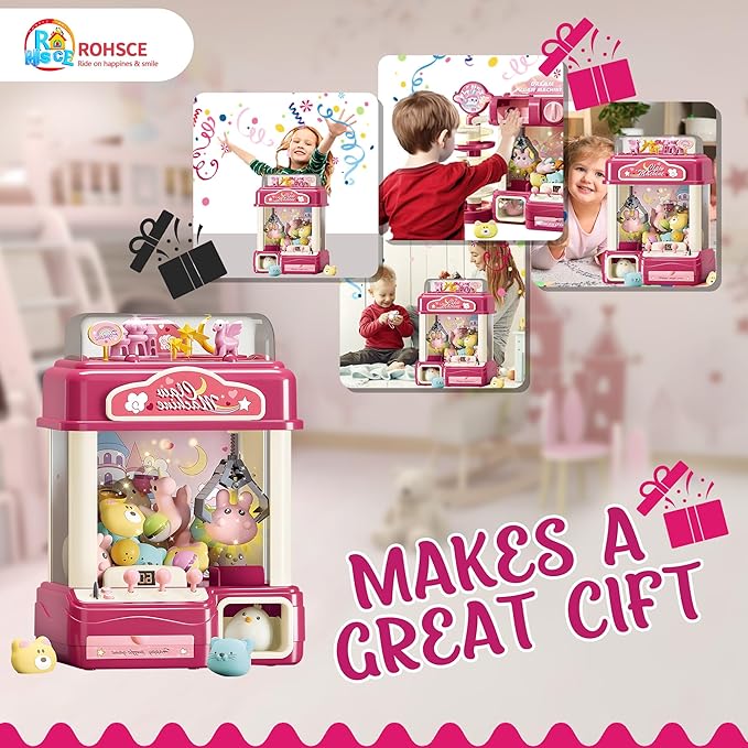 Interactive Claw Toy Arcade Machine with Prizes, Kids Vending Machine with Lights, Music, Plush Toys & Capsules, Mini Claw Machine USB Rechargeable, Birthday Gift for Girls Ages 4-12