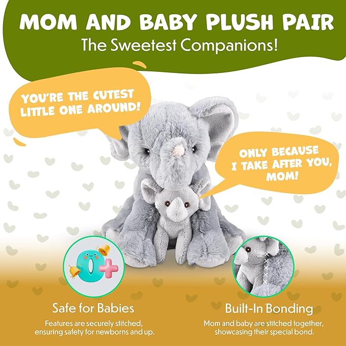Mom and Baby Stuffed Animals for Boys & Girls, Safari Baby Shower Decorations, Nursery Decor, Zoo Animals for Toddlers, Quality Realistic Toy for Kids, Cute, Soft, Huggable, Squeezable (9.5" Elephant)