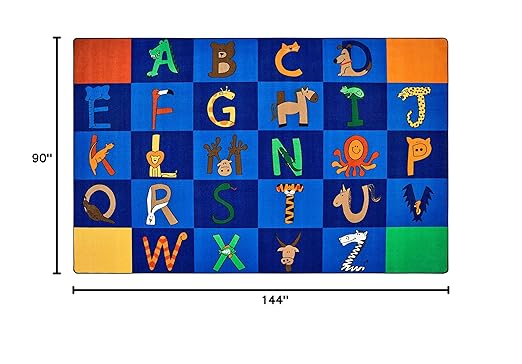 Carpets for Kids 5512 A to Z Animals Literacy Classroom Seating Rug 7ft 6in x 12ft Rectangle Blue