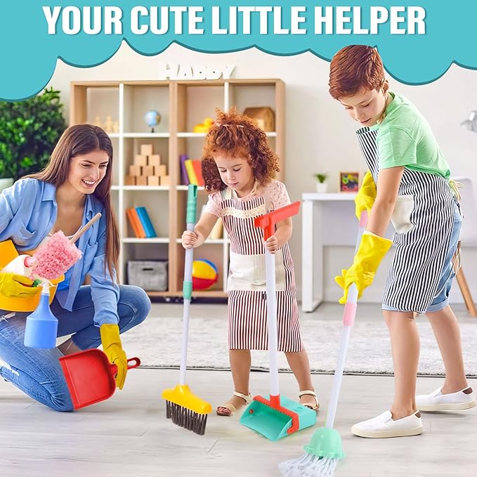 14PCS Toddler Kids Cleaning Toy Set, Kids Adjustable Mop Broom & Dustpan Set, House Cleaning Tool Toys for Toddlers 1-3,Montessori Learning Pretend Play Gift for Girl Boy 1-3-5 Year Old Clean Toy