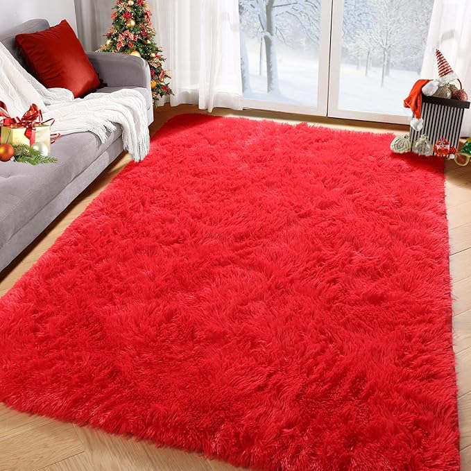 PAGISOFE Soft Modern Red Area Rug, 4x6 Feet, Shaggy Indoor Rug for Kids Room Decorative Carpet, Fuzzy Rug for Babies, Nursery, Dorm, Non Slip Rug for Boys Girls, Teen's Room