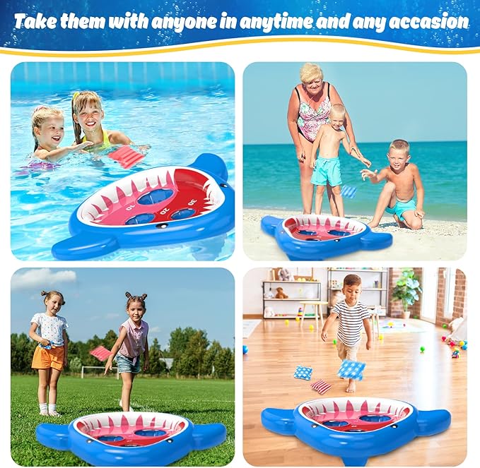 Eaglestone 2 PCS Pool Shark Cornhole Toys for Kids, Inflatable Swimming Pool Toys for Adults Family, 8 Bean Bags Toss Game w/Sandbag Anchor, Floating Outdoor Beach Toys for Pool Game Party, Water Toy
