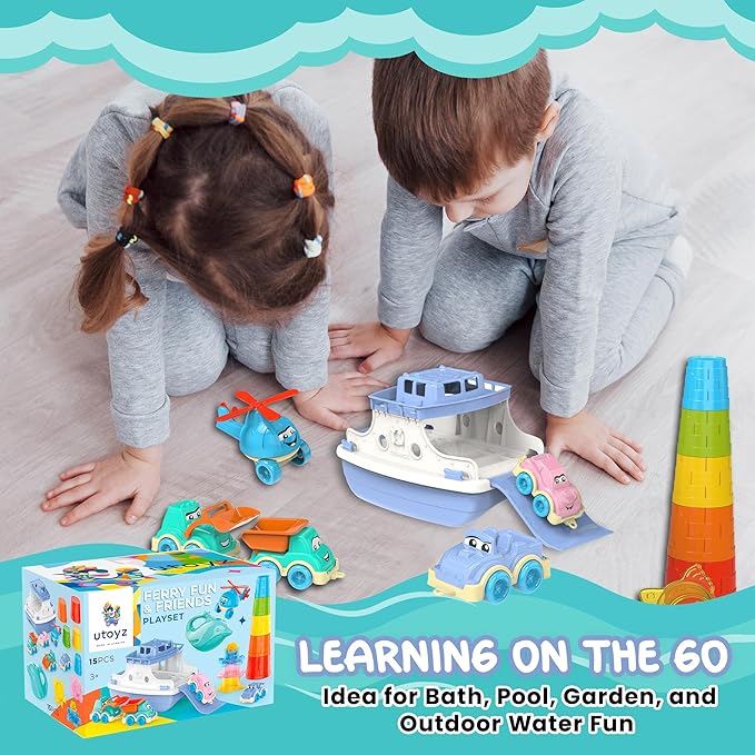 Ferry Boat Bath Toys Set for Kids 15 Pcs | Includes Ferry, Cars, Trucks, Helicopter, Stacking Cups & Toy Animals for Baby Boys & Girls | Water Bathtub Indoor Games for Toddlers | Kids Ages 1+