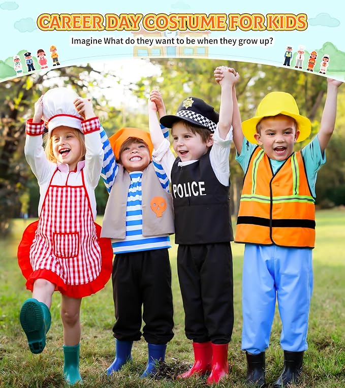 Jeowoqao Boy's Dress Up Costumes Set, Kids Role Play Set 11pcs Dress Up Trunk Pirate, Chef, Construction Worker, Policeman Costume For Kids Girls Toddler Age 3 4 5 6 Christmas Birthday Gift