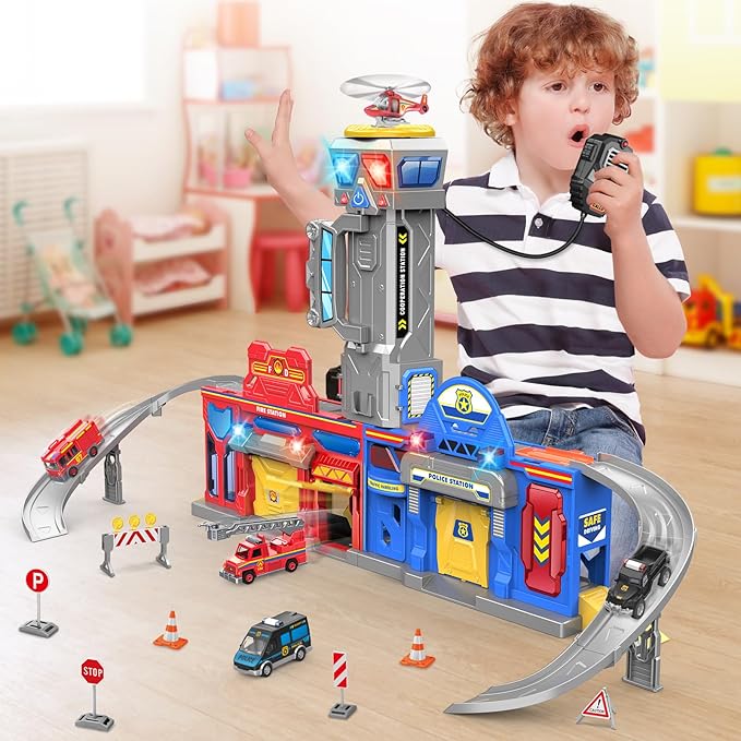 Ochido Boys Toys for 3 4 5 6 Years Old,Large City Action Playset Kit with Lights Sounds,Walkie-Talkie,Foldable Police & Fire Station Transform Track Toy with 4 Cars,Helicopter,7 Accessories