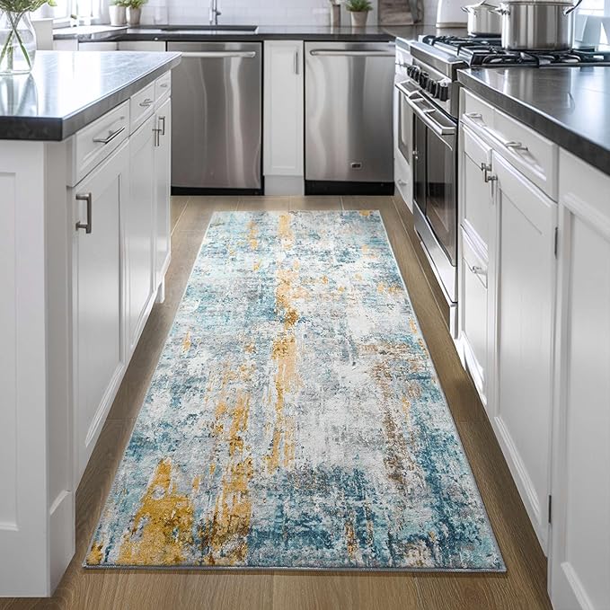 2x6 Rug Runners for Hallways Kitchen Runner Rug Non Slip Washable Blue Long Runner Rugs with Rubber Backing Soft Abstract Carpet Runner for Hallways, Kitchen, Bedroom, Bathroom, Entryway