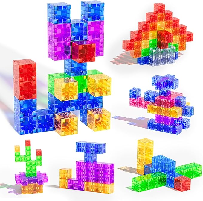 56PCS Magnetic Blocks, Transparent Magnetic Cubes, Magnet Building Blocks for Toddlers 3+, Montessori Toys, Preschool STEM Educational Sensory Magnet Toys for Kids Ages 3-5 Year Old Boys and Girls