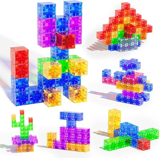 56PCS Magnetic Blocks, Transparent Magnetic Cubes, Magnet Building Blocks for Toddlers 3+, Montessori Toys, Preschool STEM Educational Sensory Magnet Toys for Kids Ages 3-5 Year Old Boys and Girls