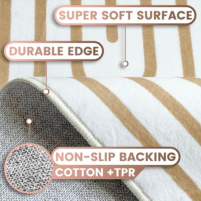 Washable 4x6 Minimalist Area Rug for Living Room, Tan White Modern Artistic Abstract Large Rug, Ultra Thin Low Pile Lightweight Soft Indoor Floor Carpet with Nonslip Backing for Bedroom Kids Play Room