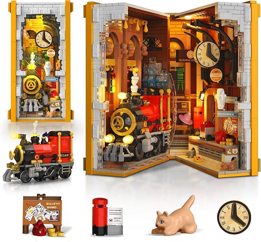 HOGOKIDS Magic Train Station Book Nook Building Set with Light, 1300 PCS Bookend Building Block Kit for Bookshelf Home Decor, DIY Miniature House Model Kit, Birthday Gifts for Adults Boys Girls Age 8+