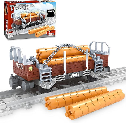 Finger Rock City Freight Train Car Building Toy Set, Classic Wooden Carriage Cargo Model, 150 Pcs MOC Construction Toys for Train Lovers, STEM Gifts for Boys & Girls 6-8+