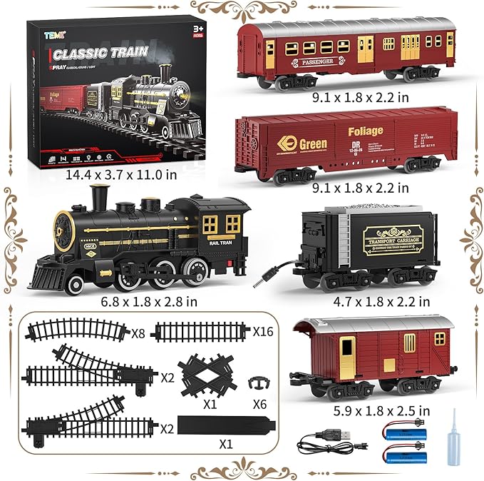TEMI Train Set for Kids 3-12 Years, Electric Classical Steam Engine Locomotive with Steam, Light and Sounds, Rechargeable Model Trains Kit Toys w/Passenger Carriage for Boys and Girls
