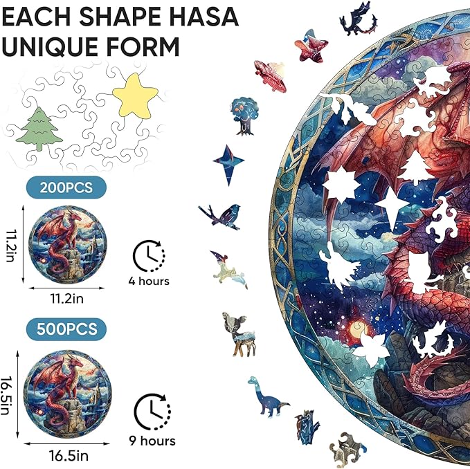 Puzzles for Adults Starry Sky Dragon Wooden Puzzles, 200 Pieces Unique Shaped Liberty Jigsaw Puzzles, Creative Toys for Adults and Kids, Fun Challenge Family Game 11.2'' x 11.2''