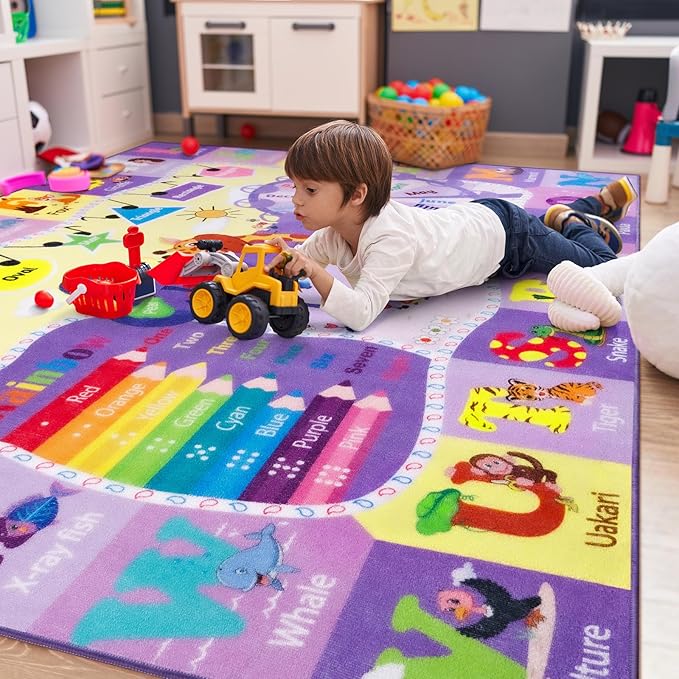 Kids Rugs for Playroom Bedroom Classroom Nursery, Non-Slip and Washable Rugs for Children Toddlers Girls, Educational and Fun Rug Carpets with ABC Alphabet Animals Shapes, 6x9, Purple