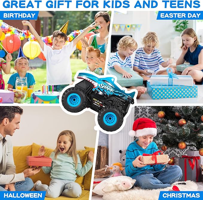 Remote Control Car, 2.4Ghz All Terrain Shark Monster Truck Toys, RC Truck with Music, 3 Lighting Effects, 360 Stunt Capable, All Included Ready to Run, Toy Gifts for Boys and Girls (Blue)