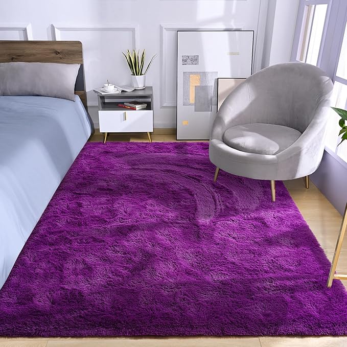 Amearea Shag Fluffy Area Rug for Kids Bedroom Living Room, Extra Soft and Fuzzy Shaggy Rugs, Non Slip, Solid Color Carpet Mat for Girls Nursery Home, Volet Purple 5x7.5 Feet