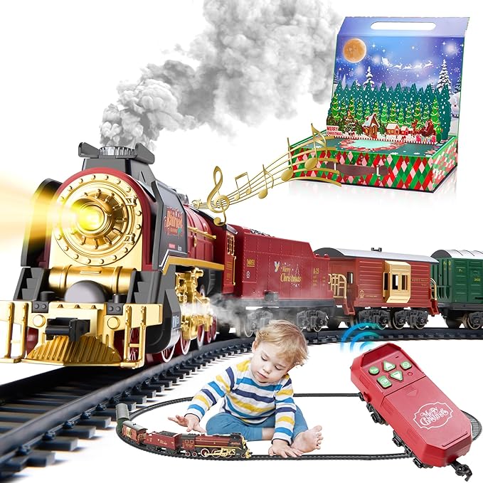 Train Set with Gift Case and Remote Control, Train Toys with Smoke, Light and Sound, Christmas Train Sets for Around The Tree, Toy Train Set for 3 4 5 6 7 8+ Years Old Boys Toddlers Gifts